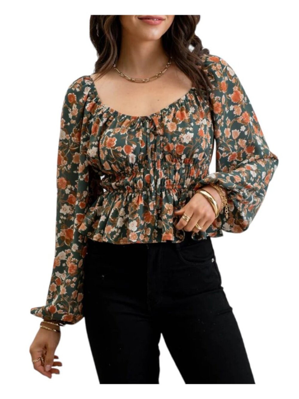 Mine Green Floral Off-Shoulder Peplum Top NWOT Size L